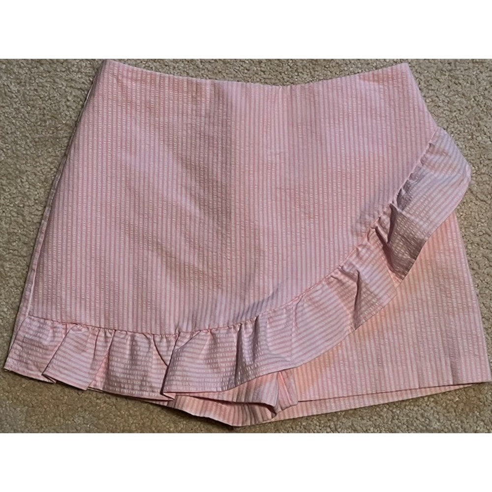 Lilly Pulitzer Pink White Striped Seersucker Wrap Skort Ruffle Shorts Womens 0